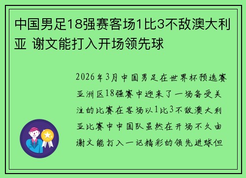 中国男足18强赛客场1比3不敌澳大利亚 谢文能打入开场领先球 中国男足18强赛客场1比3不敌澳大利亚 谢文能打入开场领先球